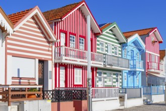 Traditional wooden striped houses, Costa Nova do Prado, Aveiro, Portugal, Europe