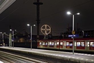 Bayer Cross seen at night from Leverkusen-Mitte railway station, Leverkusen, Bergisches Land, North