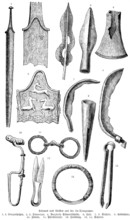 Iron Age jewellery and weapons from the La Tène site, Epagnier, Lake Neuchâtel, spearhead, sword,