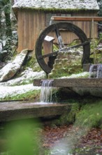 An old water wheel turns next to a hut with snow and running water, spa garden, Bad Wildbad, Black