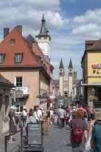 St Kilian's Cathedral with lively Domstrasse, Würzburg, Lower Franconia, Bavaria, Germany, Europe