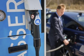 Herten, North Rhine-Westphalia, Germany - Hydrogen car fills up with H2 hydrogen at an H2 hydrogen