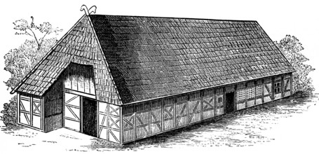 Saxon half-timbered house, dwelling house with stables, roof shingles, plank door, hayloft,