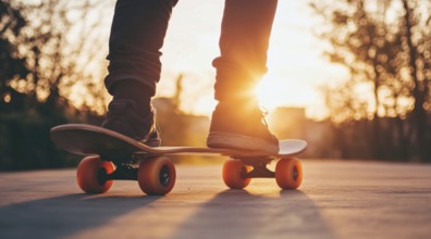 Skateboarder on a skateboard on the city streets at sunset., AI generated