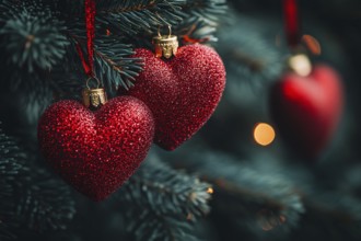 Close up of heart shaped red Christmas bauble ornament on tree. Generative AI, AI generated