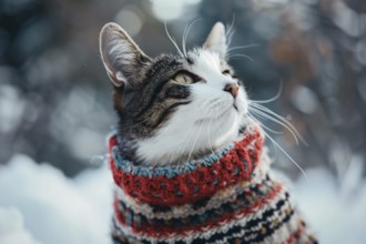 Cute cat in knitted sweater in winter snow landscape. Generative Ai, AI generated