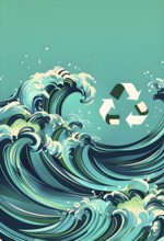 Illustration of swirling ocean waves and recycling symbols to represent clean oceans and