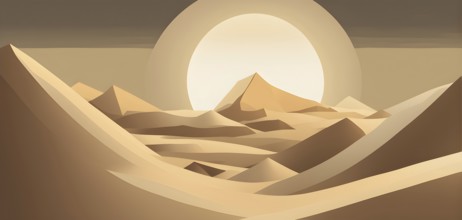 Abstract desert scene with triangular sand dunes and a single circular sun, using sharp lines and