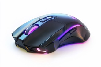 Black computer mouse with glowing LED lights on white background. Generative AI, AI generated