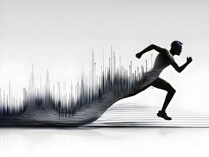 Wave of data points shaping into a runners silhouette, abstract illustration in black and white,