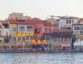 The Venetian Harbour at dusk, Chania, Crete, Greek Islands, Greece, Europe