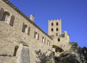 Saint Martin du Canigou Abbey with church tower, Casteil, Département Pyrénées-Oriental, France,