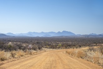 Gravel track leads through barren dry landscape with hills, Kaokoveld, Kunene, Namibia, Africa