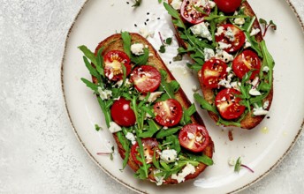 Arugula sandwiches and cherry tomatoes, cheese with mold, breakfast, snack, homemade