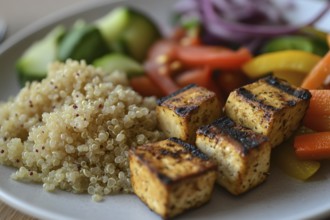 Healthy vegan meal with fried tofu, quinoa and vegetables. Generative Ai, AI generated