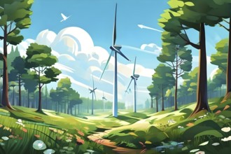 Abstract illustration of a forest with tall, geometric trees made of wind turbine blades, merging