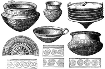 Bronze bowls and hanging urns, urns, numerous decorations, detail, handle, Bronze Age, history of