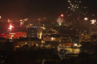 The Staufer town of Göppingen in Baden-Württemberg with New Year's Eve fireworks 2023. View of