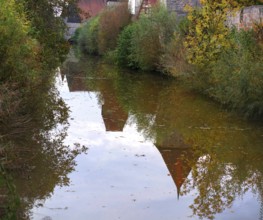 Reflection of the medieval defence wall in the Wörnitz, Dinkelsbühl, Bavaria, Germany, Europe