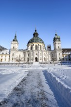 Ettal Abbey, baroque Benedictine abbey, inner courtyard with snow in winter, Ettal, Upper Bavaria,