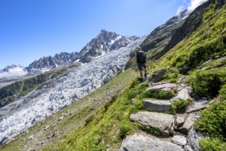 Hiking on the trail to La Jonction, Glacier des Bossons, behind the summit of the Aiguille du Midi,