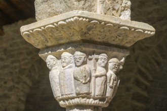 Capital with figures of monks in the cloister of Saint Martin du Canigou Abbey, Casteil,