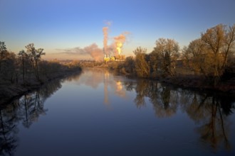 The Ruhr with the German stainless steel works at sunrise, Witten, Ruhr area, North