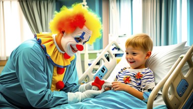 A clown, a clinic clown, in mask, red nose and clown costume sits at the bedside of a sick boy in