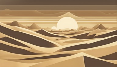 Abstract desert scene with triangular sand dunes and a single circular sun, using sharp lines and