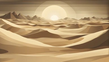 Abstract desert scene with triangular sand dunes and a single circular sun, using sharp lines and