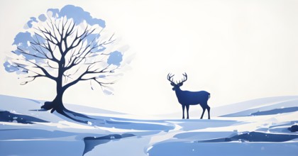 Abstract minimalist winter scene with a single, sharp silhouette of a deer and of a snow-covered