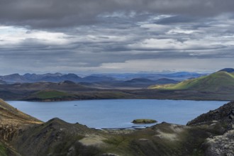 Large lake in volcanic landscape, Landmannalaugar, Fjallabak Nature Reserve, Icelandic Highlands,