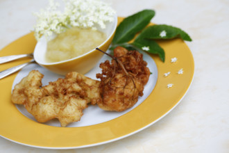 Swabian cuisine, elderberry cakes with apple sauce, Hollerkiacherl, elderflowers in pastry,