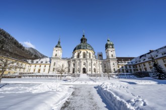 Ettal Abbey, baroque Benedictine abbey, inner courtyard with snow in winter, Ettal, Upper Bavaria,