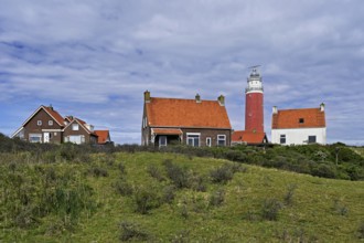 Lighthouse Eierland with houses, De Cocksdorp, Texel, West Frisian Islands, province North Holland,