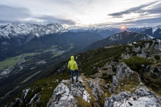 View Mountain panorama with Wetterstein mountains and Zugspitze, at sunset with sun star,