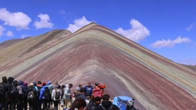 Peru, Cusco scenic landscape Rainbow mountain of 7 colors near Sacred Valley and Ausangate Glacier,