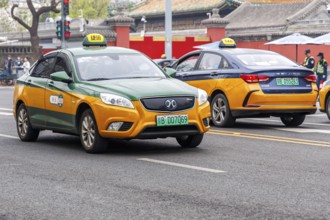 Taxis as electric cars of the Chinese car brands BAIC Motor and Beijing Electric Mobility Transport