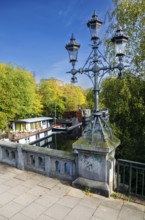 Houseboat, canal, bridge, lantern, lighting, old, 3, arms, autumn, Hamburg