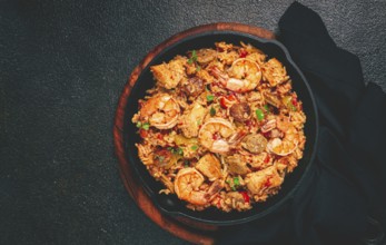 Jambalaya, Creole dish, American pilaf, rice with chicken and shrimp, vegetables, homemade, no