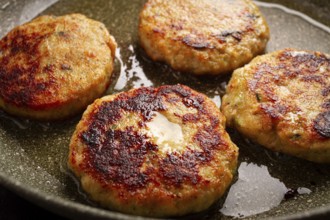 Fried chicken cutlets, with vegetables, in a frying pan, homemade, no people