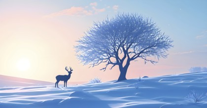 Abstract minimalist winter scene with a single, sharp silhouette of a deer and of a snow-covered