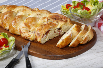 Swabian cuisine, hearty yeast plait with smoked meat, salty wreath bread, yeast yeast dough pastry,