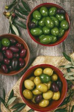 A mixture of olives, varieties of chalkidiki, Verdi giganti and Kalamata, in a bowl, top view, no