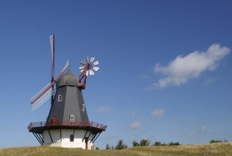 Old windmill in a meadow under a clear blue sky, North Sea, Fanö, North Jutland, Jutland, Denmark,