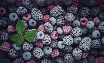 A close-up view features an array of frozen raspberries and blackberries, showcasing their unique