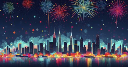 Minimalist, geometric skyline at night, with subtle fireworks in the sky, represented by colorful