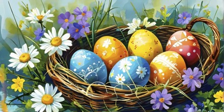 Illustration of of vibrant colored Easter eggs in a wicker basket, surrounded by delicate spring