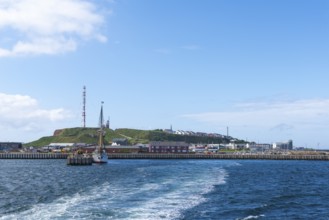 View from south-west to the high sea island Helgoland, harbour facilities, three-masted gaff