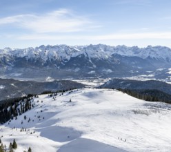 View of mountain panorama in winter, summit of Simetsberg, Estergebirge, Bavarian Prealps, Bavaria